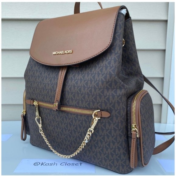 Michael Kors Jet Set MK Logo Large Chain Backpack Brown - Picture 2 of 11